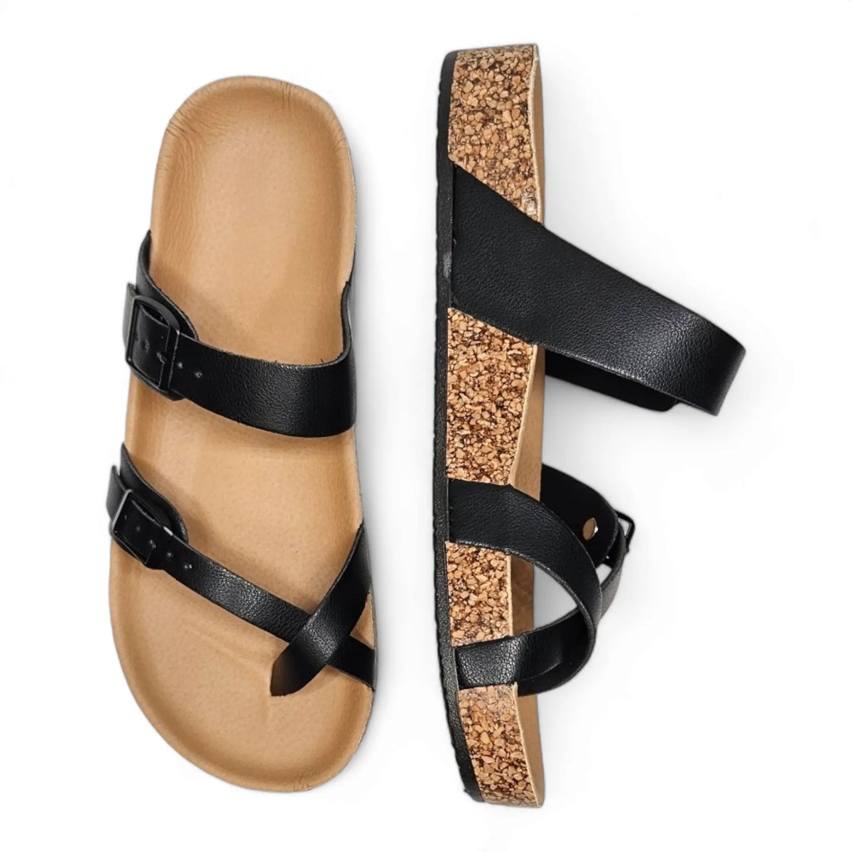 Black Adjustable Birk Sandals with cork-like soles and tan footbeds for ultimate comfort