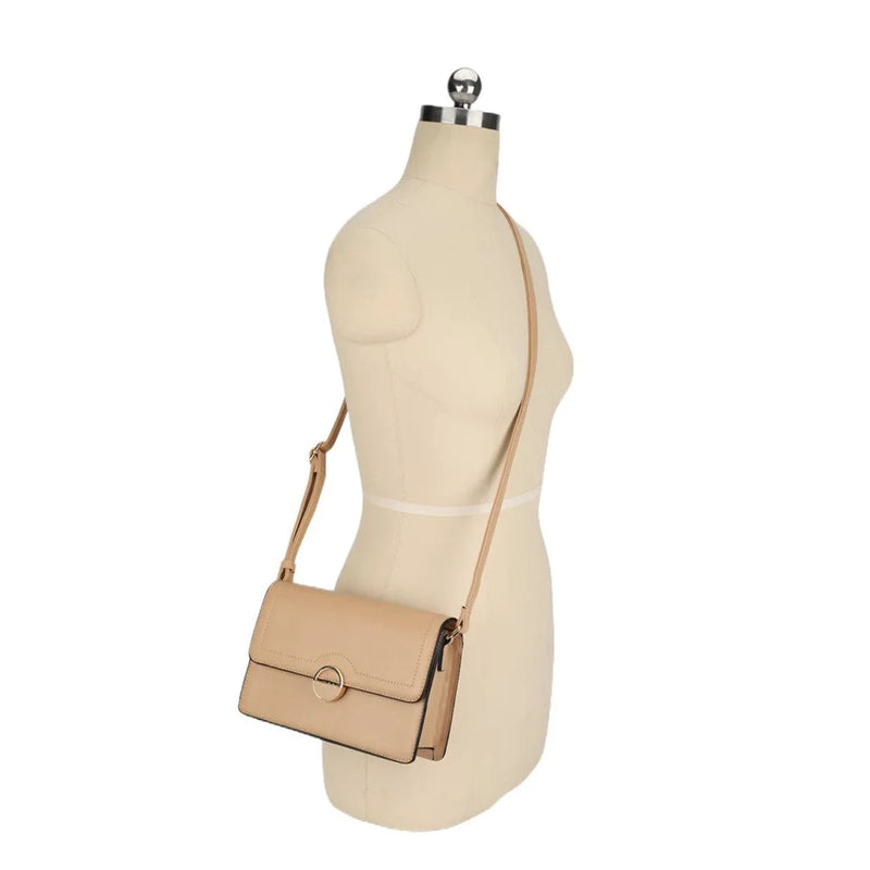 Beige leather Angelica Crossbody Bag with flap closure for stylish versatility