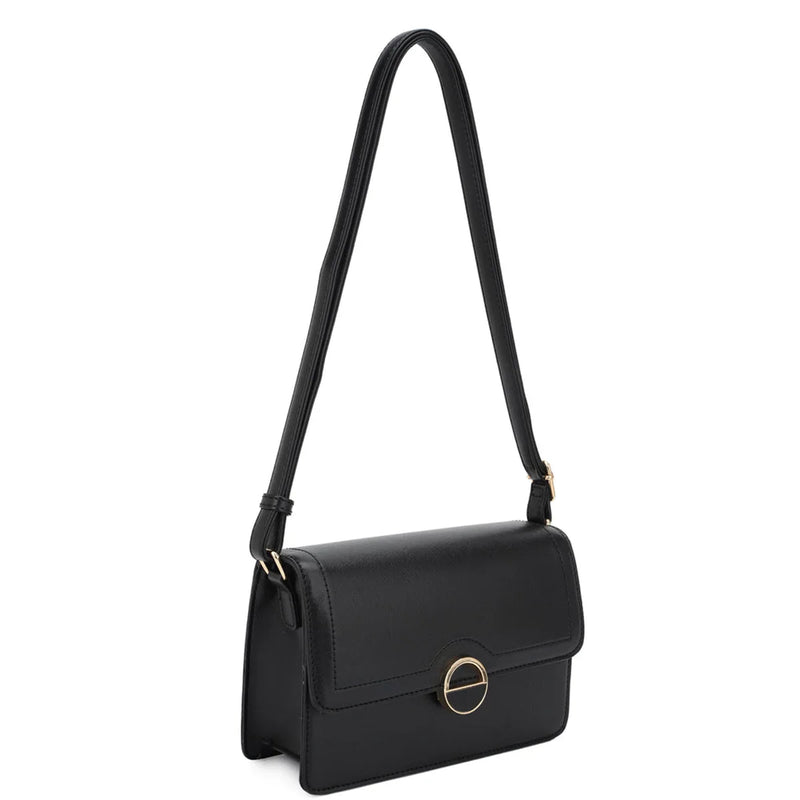 Black leather Angelica Crossbody Bag with gold circular clasp for stylish carry