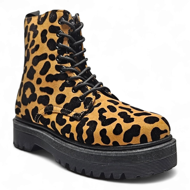 Leopard-print combat boot with thick platform sole and black laces, Animal Print Lace Up Combat Boot