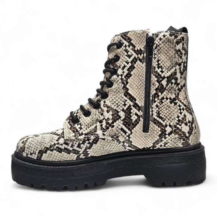 Snakeskin-patterned combat boot with chunky sole and side zipper for trendy style