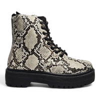 Snakeskin-patterned Animal Print Lace Up Combat Boot with chunky platform sole