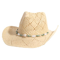 Beige Straw Cowboy Hat with Assorted Beaded Strap Western Fedora Design