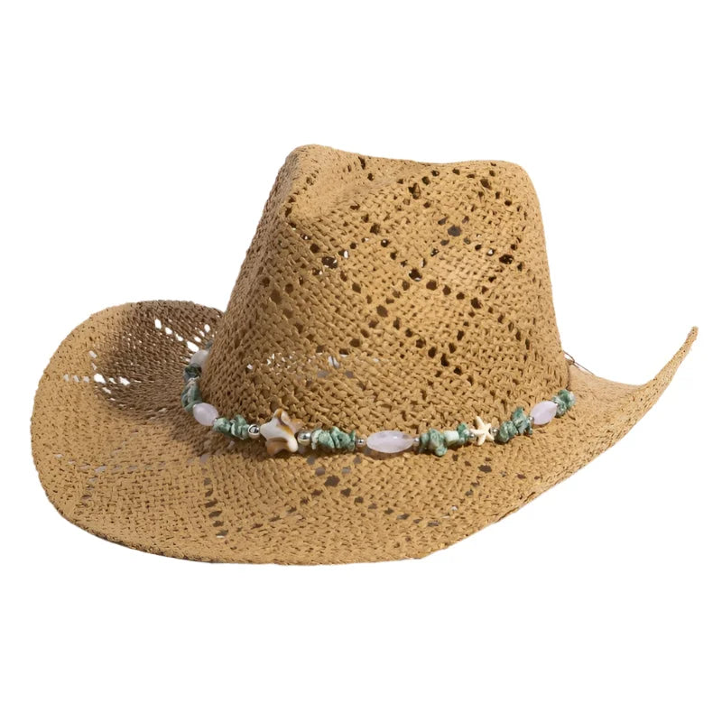 Woven straw cowboy hat with seashell and turquoise band in assorted beaded strap western design