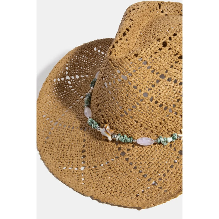 Assorted Beaded Strap Western Fedora Straw Hat - Ivory