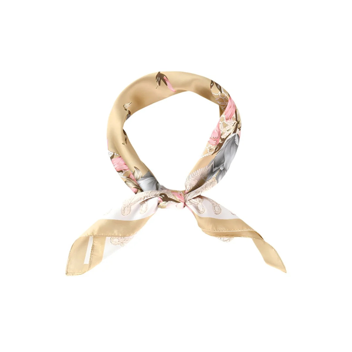 Silk scarf with floral print tied in a loop for chic style and versatility