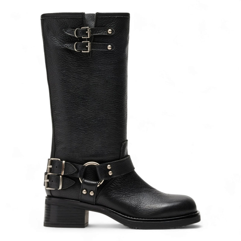 Astor Square Toe Black Leather Boots with inch shaft height and chunky heel