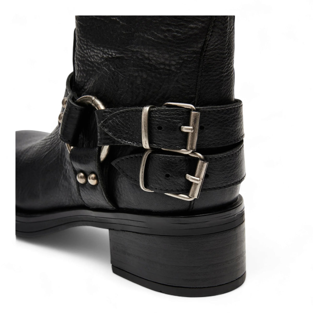 Black leather Astor Square Toe ankle boot with two buckled straps and 3 inch shaft height