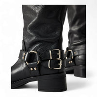 Astor Square Toe Black Leather Boots with buckled straps and chunky heels, 5 inch shaft