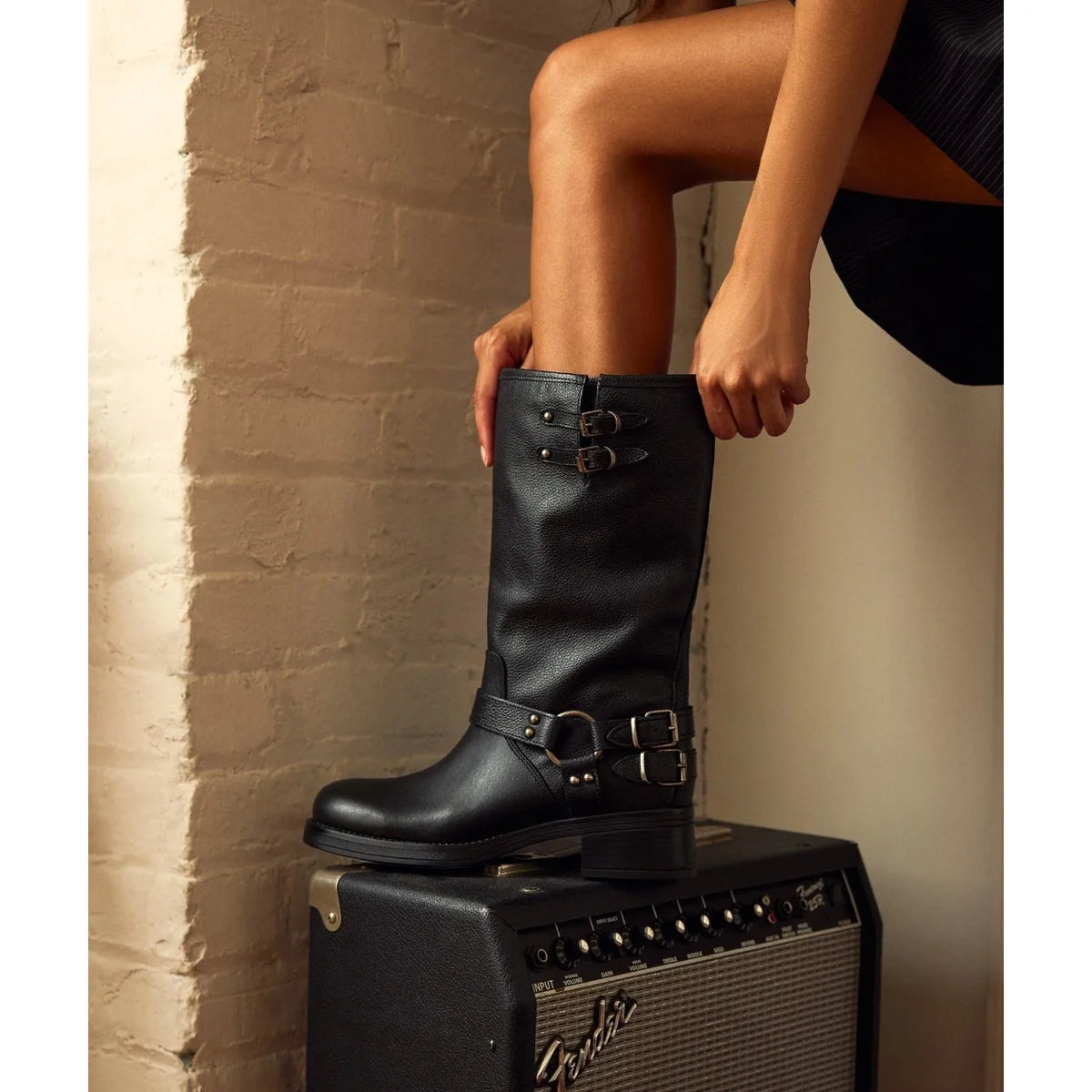 Black leather Astor Square Toe Boots with buckles, 10 inch shaft height and circumference