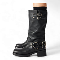 Black leather Astor Square Toe motorcycle boots with multiple buckles and 8 inch shaft