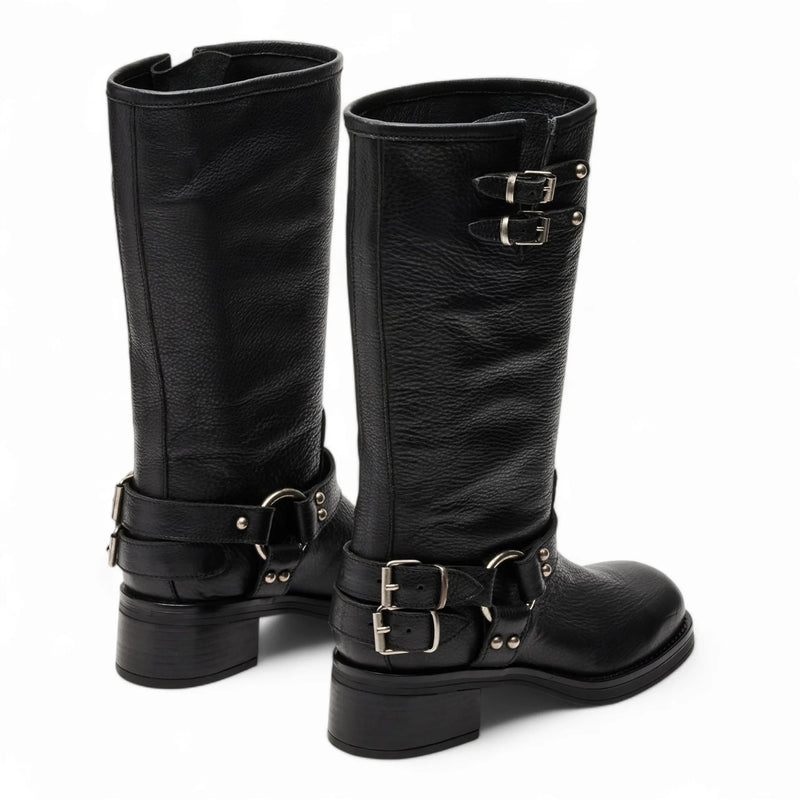 Astor Square Toe Black Leather Boots with 16 inch shaft height and buckle straps