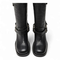 Astor Square Toe Black Leather Boots with buckled straps and 10 inch shaft height