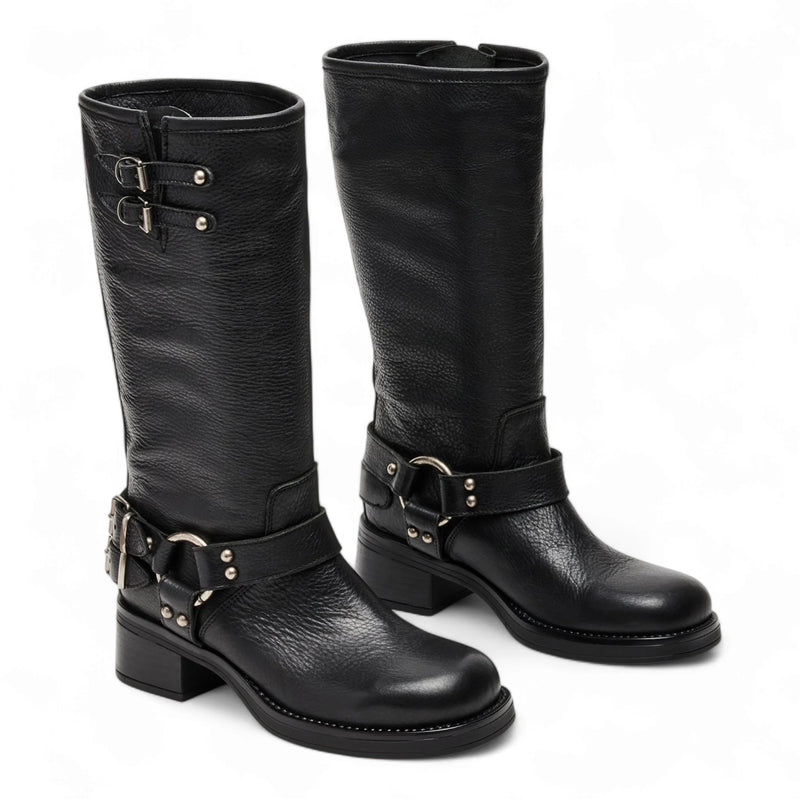 Astor Square Toe Black Leather Boots with buckles, 9 inch shaft height and circumference