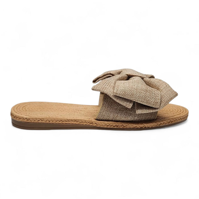 Athena Big Bow Linen Slide - Beige Linen / 5.5 - SLIP-ONS & FLATS