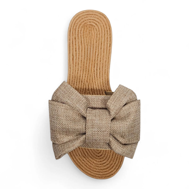 Athena Big Bow Linen Slide - SLIP-ONS & FLATS