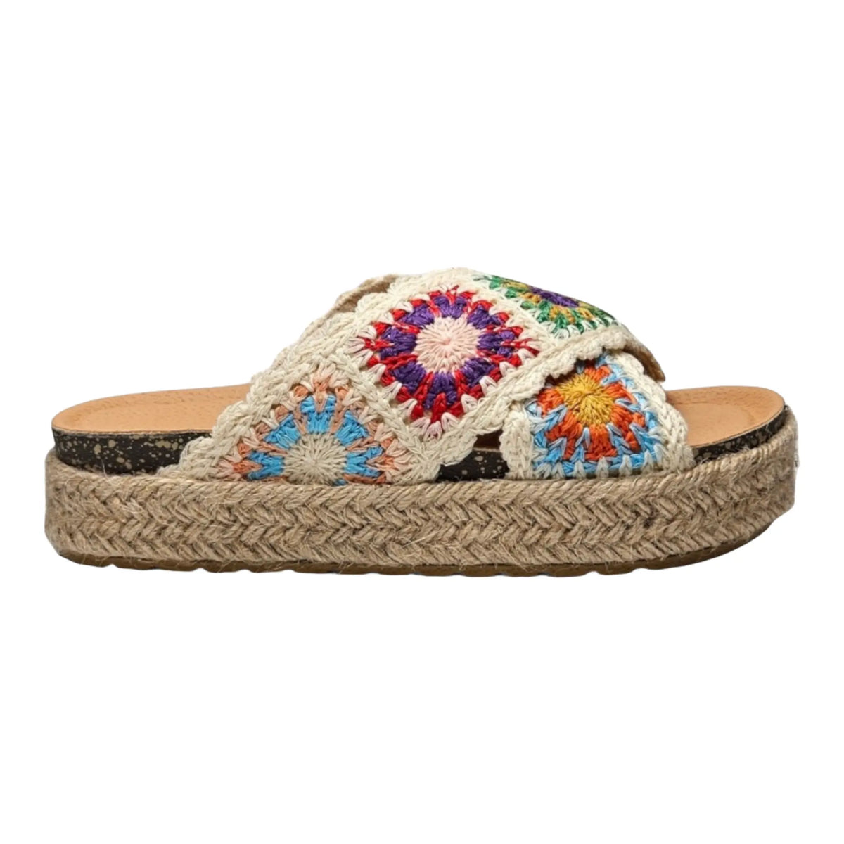 Colorful crocheted sandal featuring a stylish platform espadrille sole for summer