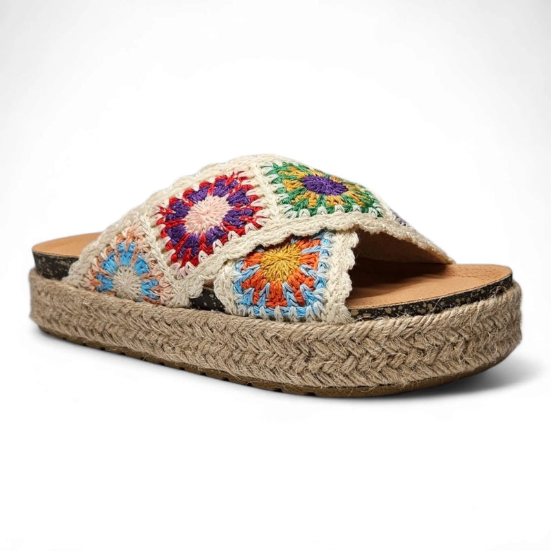 Colorful crocheted sandal with platform espadrille sole from Crochet Platform Slide