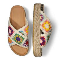 Colorful crocheted sandals with floral patterns and espadrille-style soles for Crochet Platform Slide