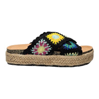 Colorful crocheted sandal with floral designs on a woven platform sole Crochet Platform Slide