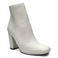 White leather Awake Block Bootie featuring a stylish chunky heel for fashion-forward comfort