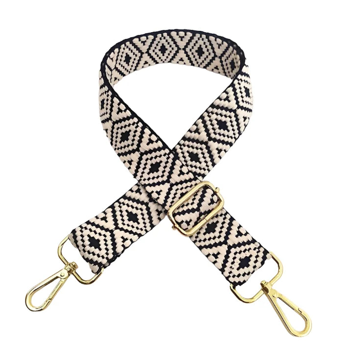 Patterned Aztec Bag Strap featuring metal clasps at both ends for durability