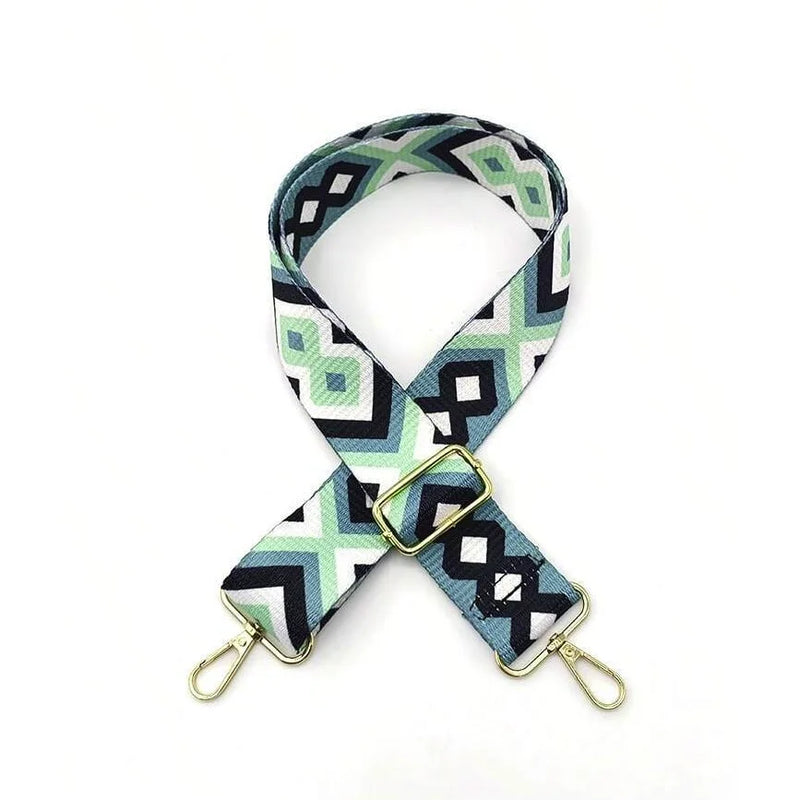 Patterned Aztec Tribal Guitar Strap in green, blue, and white with metal hardware