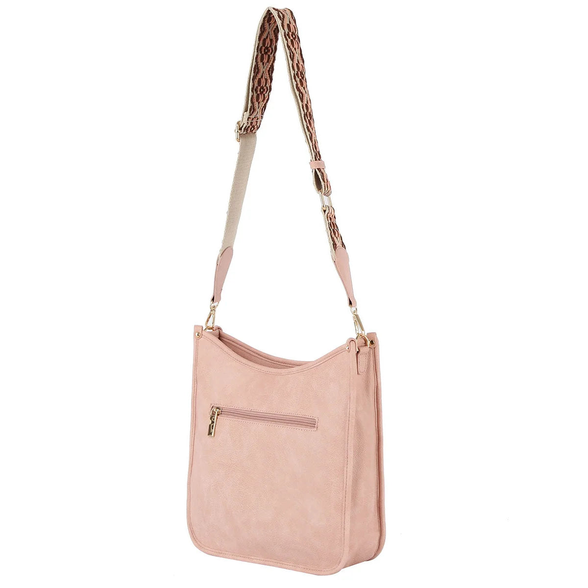 Pink leather shoulder bag featuring a braided strap and Aztec tribal printed design