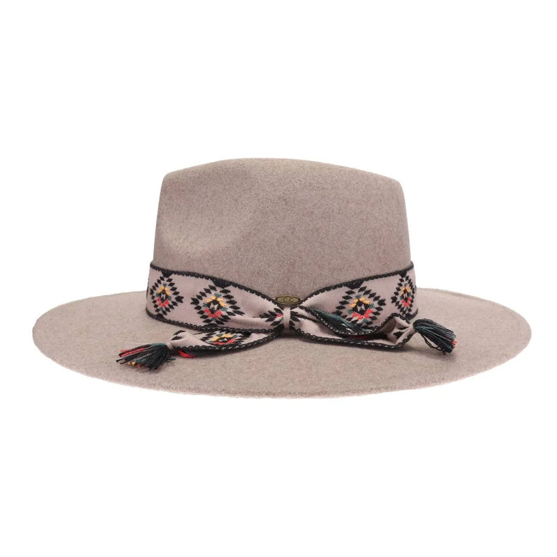 Aztec Trim Band Vegan Fabric C.C Panama Hat - Dark Taupe - FELT HAT