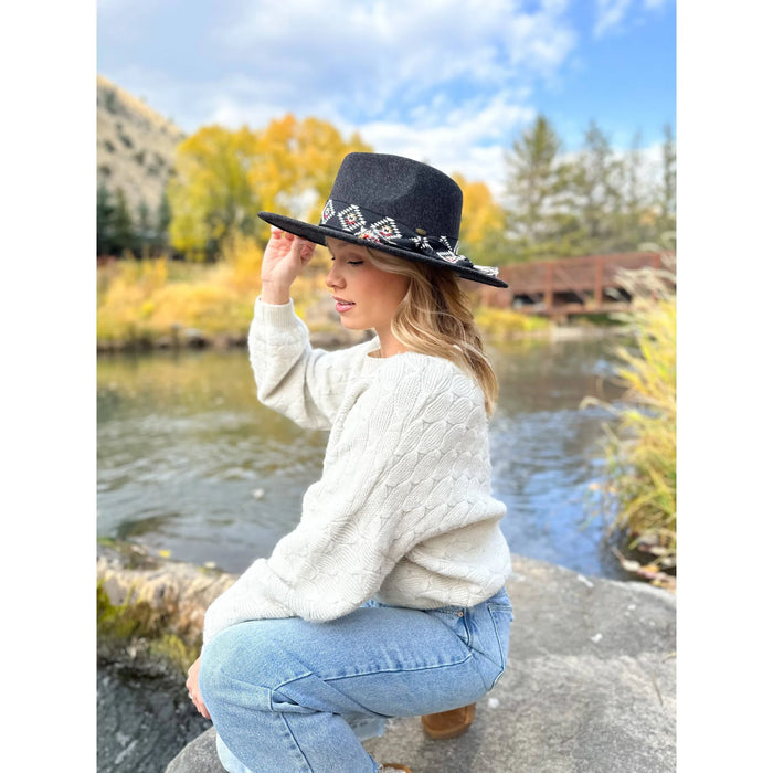 Aztec Trim Band Vegan Fabric C.C Panama Hat - Dark Taupe