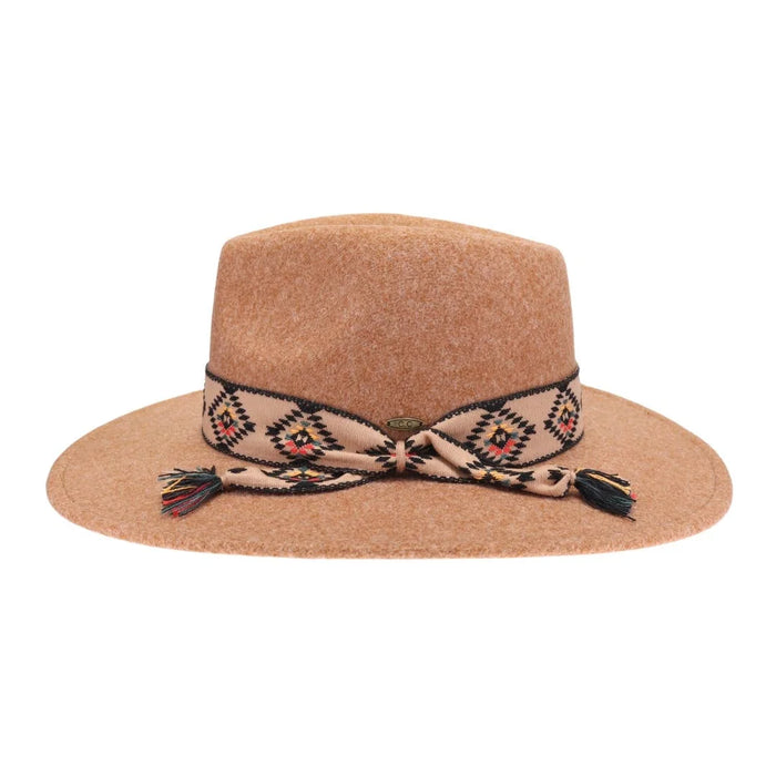 Aztec Trim Band Vegan Fabric C.C Panama Hat - Golden Camel