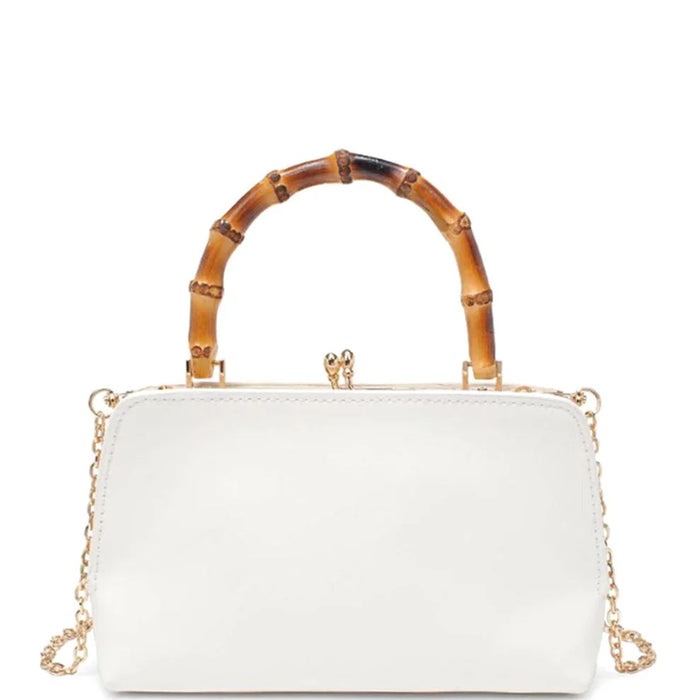 White Bamboo Handle Tori Crossbody Bag with gold chain strap and bamboo handle