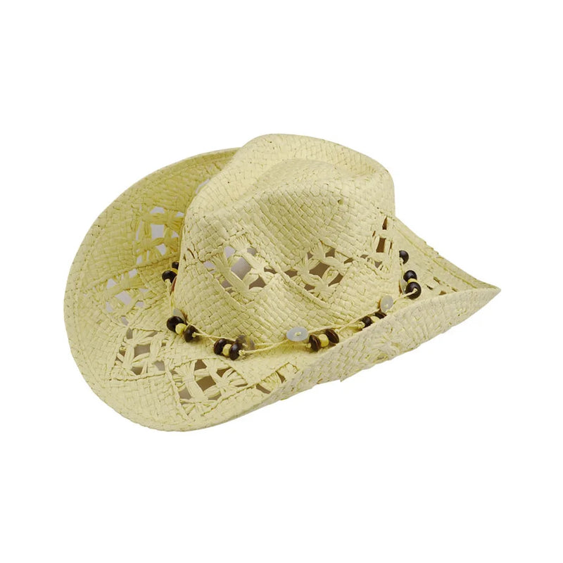 Cream-colored straw beach cowgirl hat with decorative cutouts and beaded band