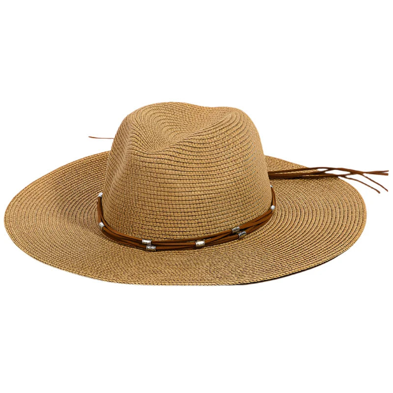 Beaded Leather Band Straw Hat - Tan - STRAW HAT