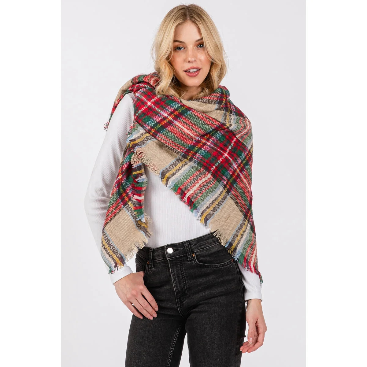 Beige Plaid Oblong Scarf