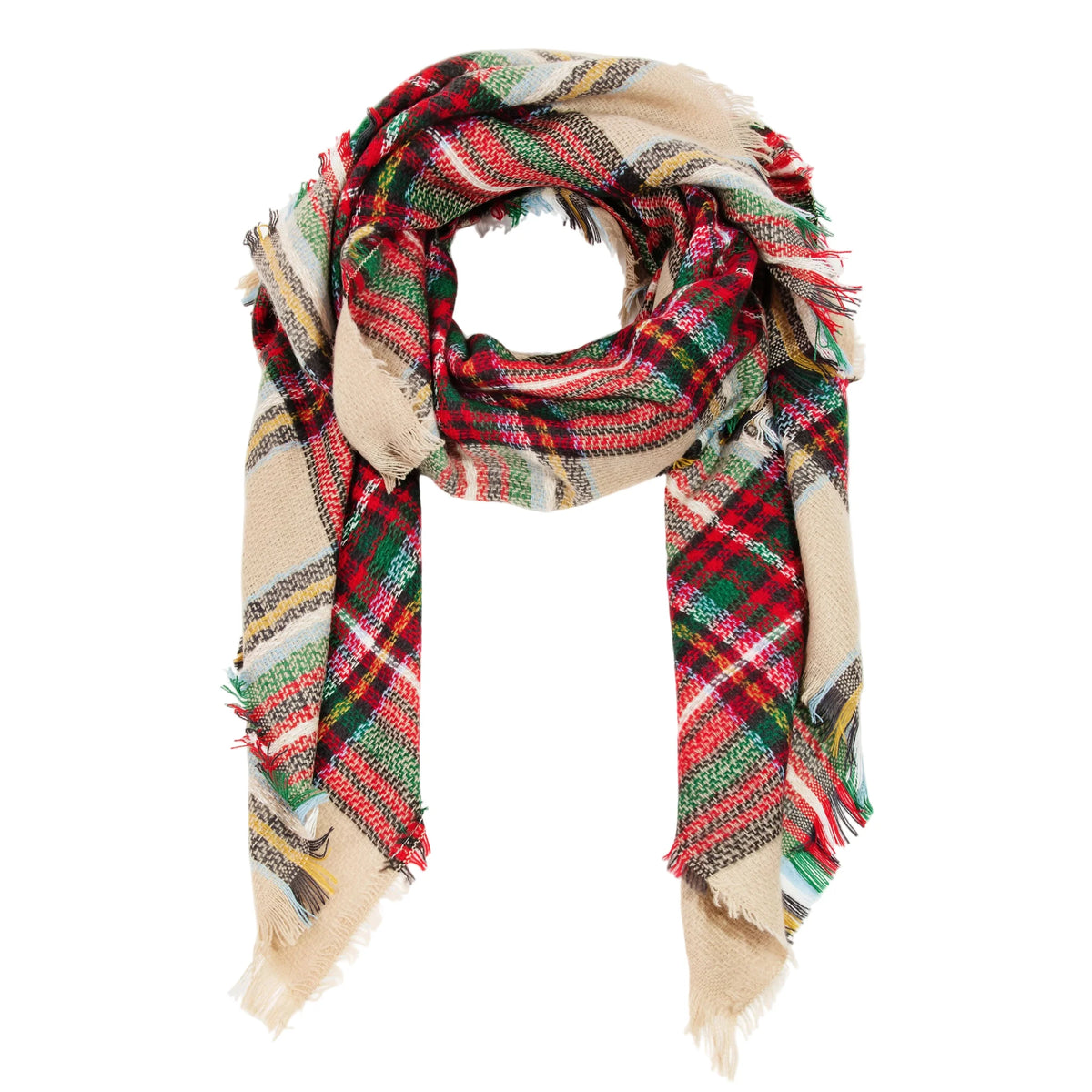 Plaid scarf with red, green, and beige colors on a white background