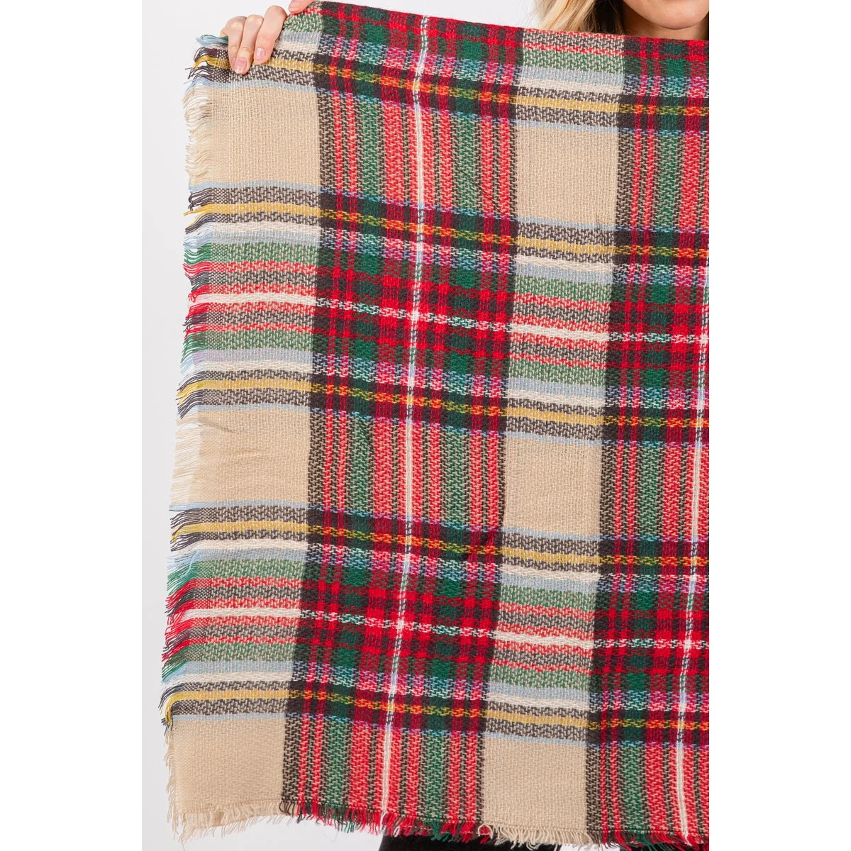 Beige Plaid Oblong Scarf