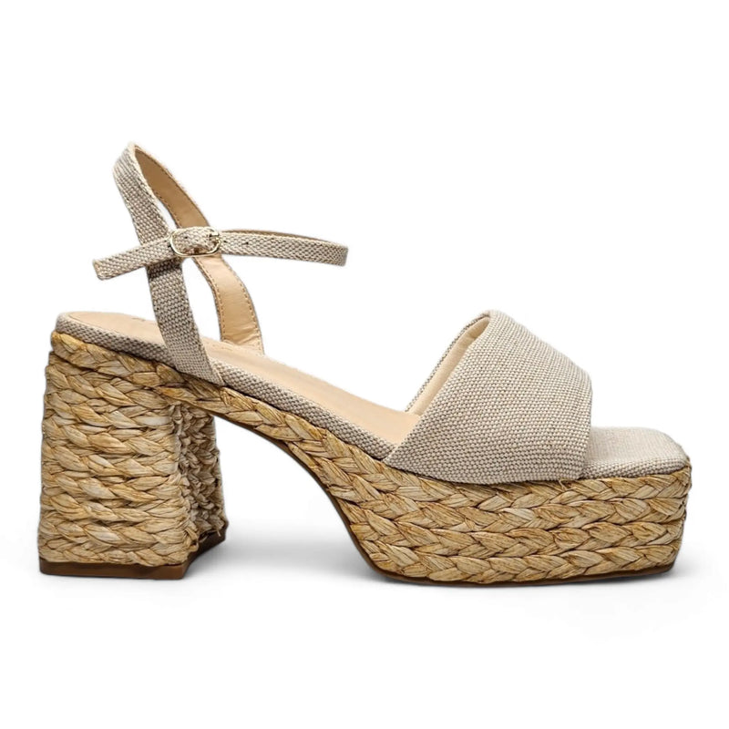 Beige Summer Day Platform sandal with woven raffia-style heel and base