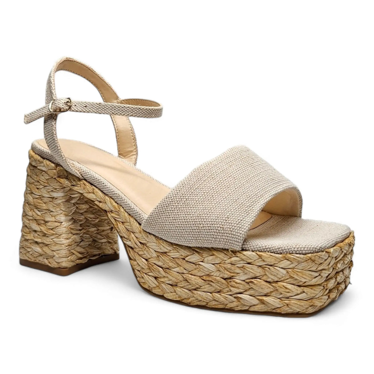 Beige Summer Day Platform sandal with woven raffia-style base and chunky heel