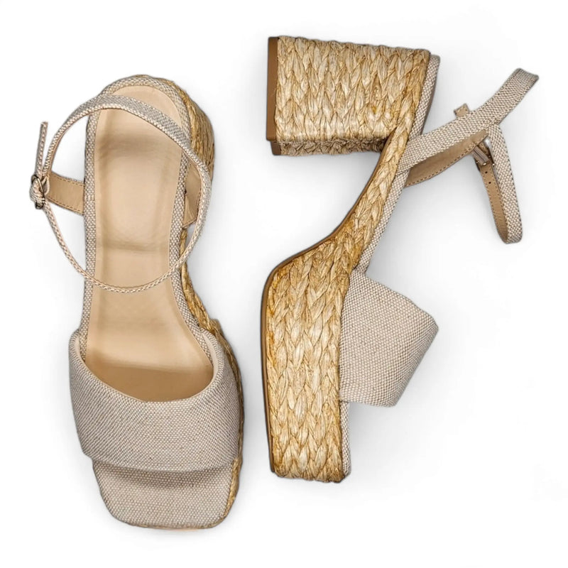 Beige wedge sandals with woven espadrille-style heels from Summer Day Platform