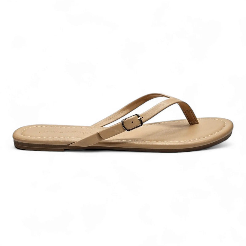 Beige leather flip flops with thin strap and buckle for adjustable comfort