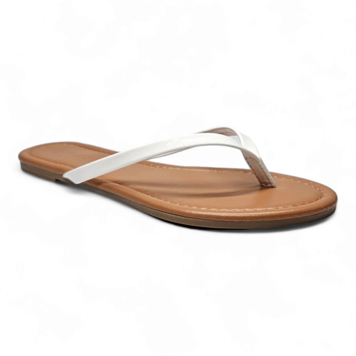 White leather flip flops with tan sole, perfect for summer outings and casual wear