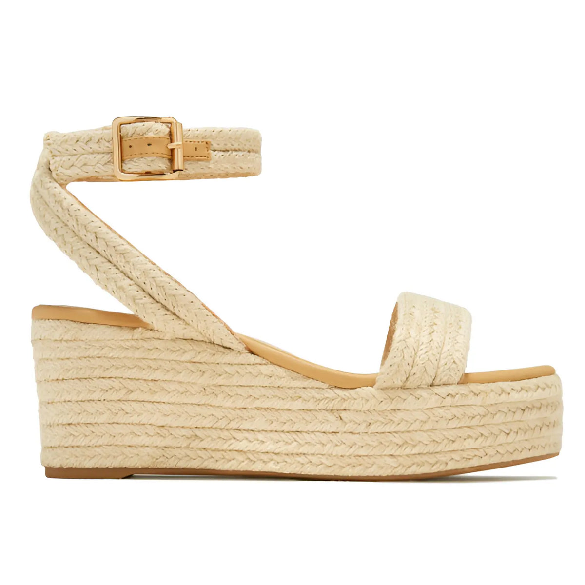 Beige espadrille platform wedge sandal with ankle strap and platform sole