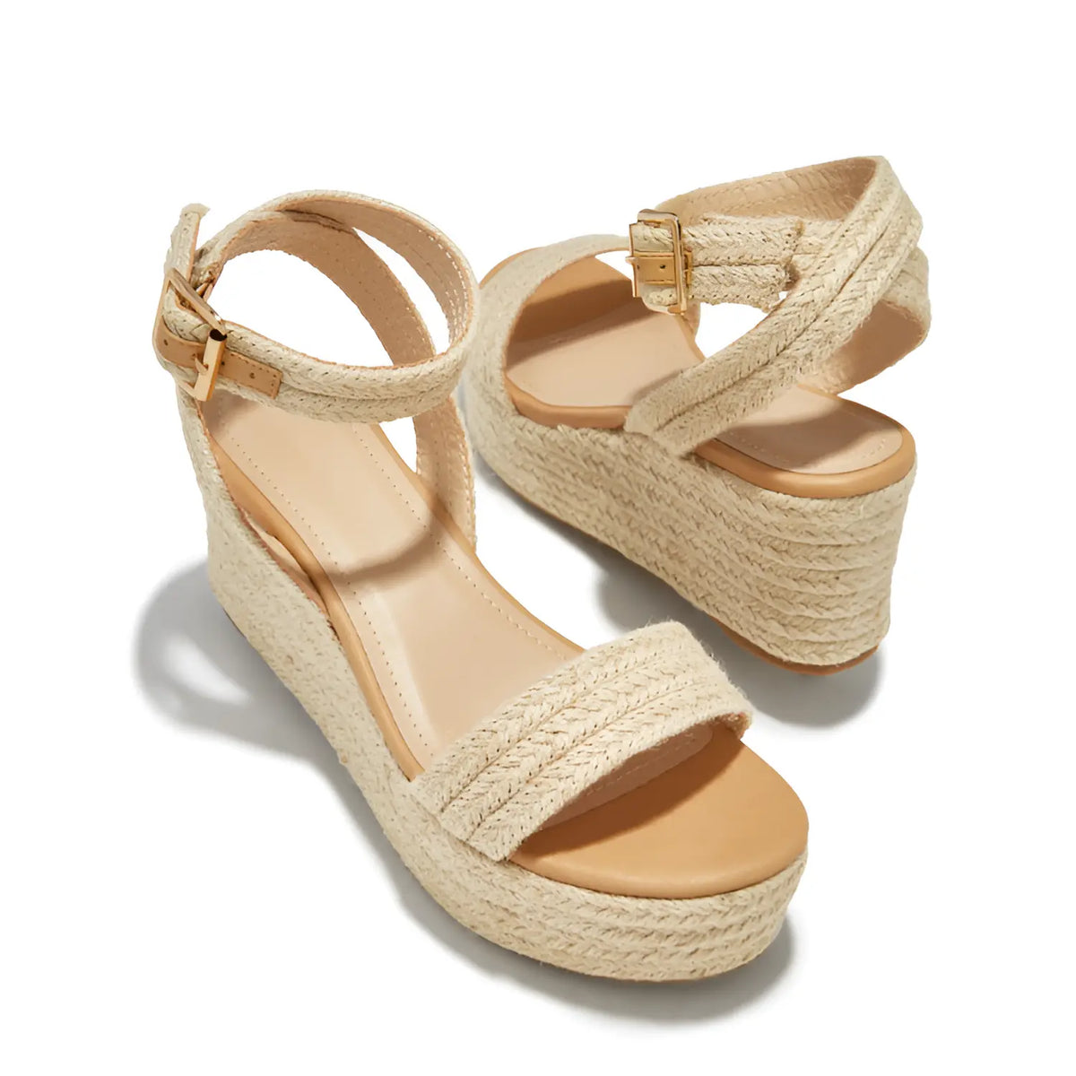 Beige espadrille platform wedge sandal with ankle straps, height approx 3 inches