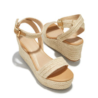 Beige espadrille platform wedge sandal with ankle straps, height approx 3 inches