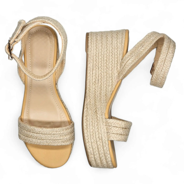 Beige espadrille platform wedge sandals with ankle straps for stylish comfort