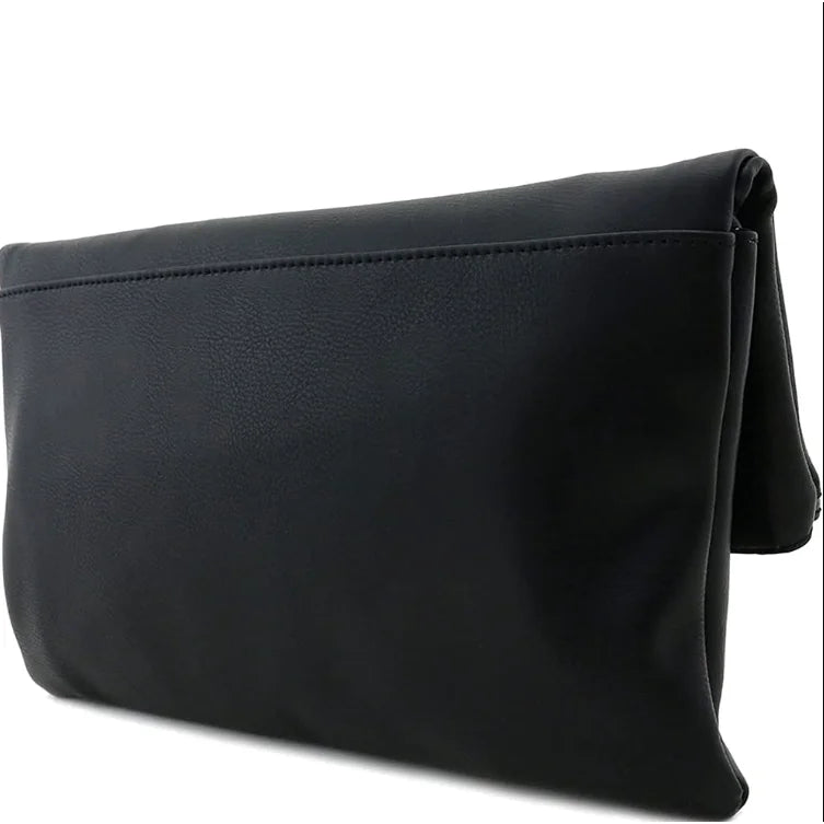 Black leather clutch bag with a fold-over top, perfect for a bifold crossbody clutch