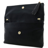 Black leather bifold crossbody clutch bag with gold hardware and tassel detail