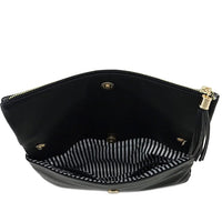 Black leather bifold crossbody clutch with tassel zipper and striped interior lining