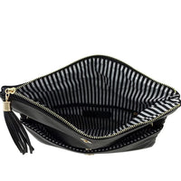 Black leather Bifold Crossbody Clutch with striped lining and tassel zipper pull